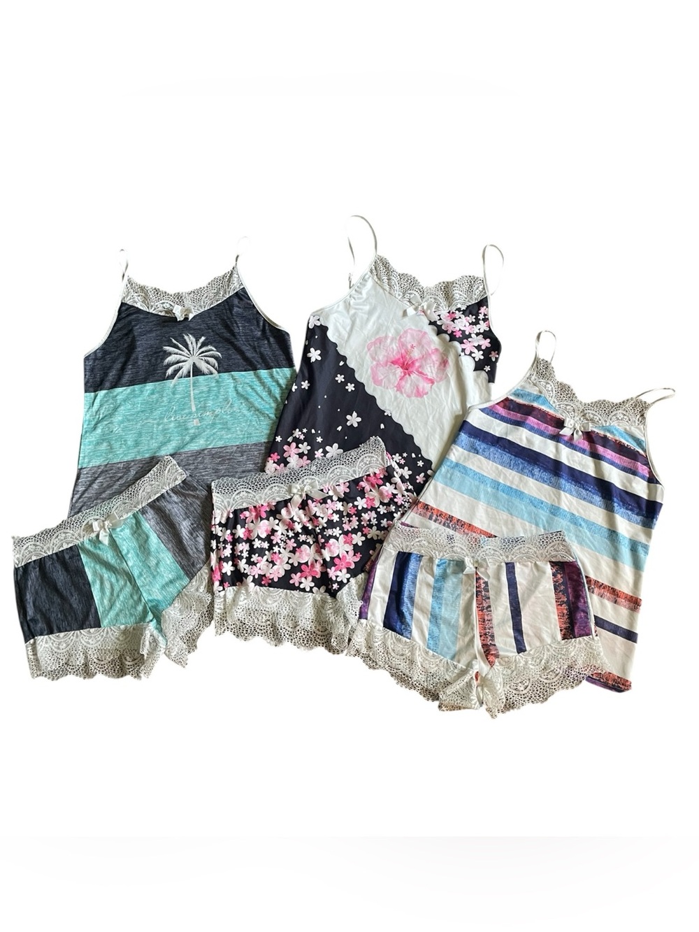 C18- Floral & Stripe Lace-Trim Sleep Tank and Shorts Set - pajamas pjs